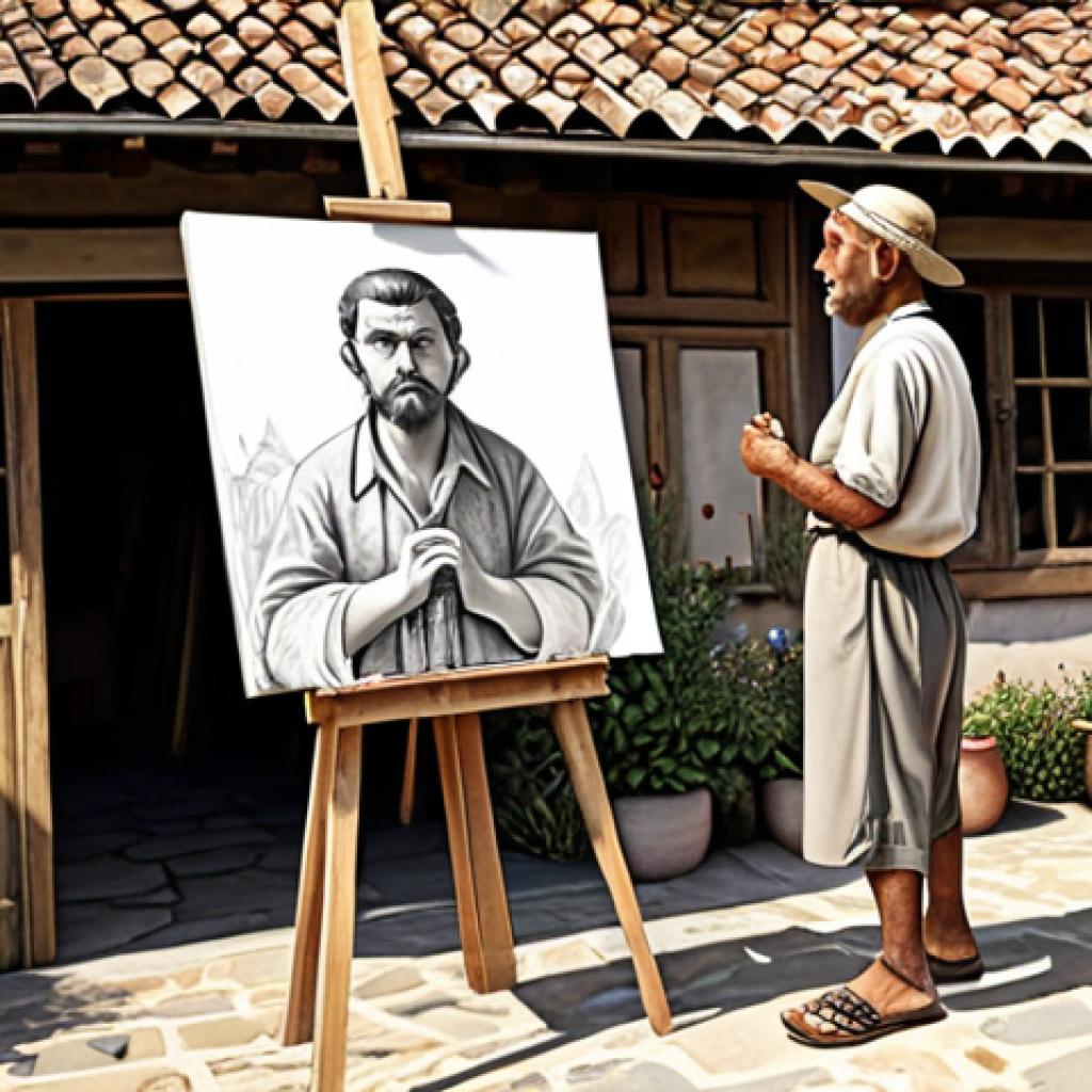 **

A character inspired by a local legend, standing in a village, surrounded by preparatory sketches and a plein air painting setup. The scene should evoke a sense of artistic creation and cultural inspiration.

**