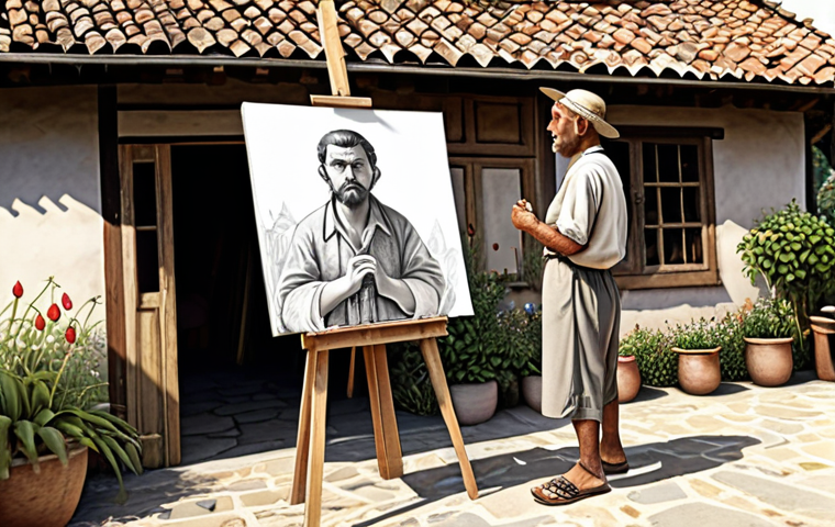 **
A character inspired by a local legend, standing in a village, surrounded by preparatory sketches and a plein air painting setup. The scene should evoke a sense of artistic creation and cultural inspiration.
**