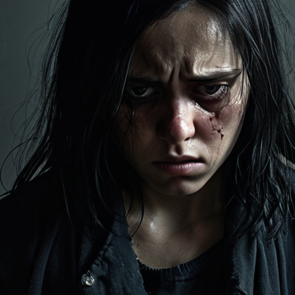 **
* **Prompt:** Expressive character portrait. Focus on detailed facial expression conveying inner conflict/melancholy (dark traits, torn clothing, a melancholic look). Dramatic lighting emphasizes emotion.
**