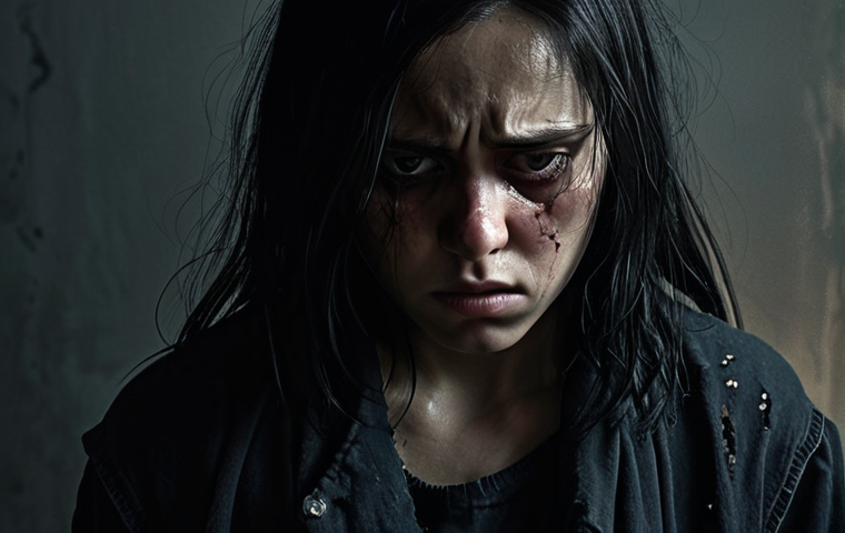 **
* **Prompt:** Expressive character portrait. Focus on detailed facial expression conveying inner conflict/melancholy (dark traits, torn clothing, a melancholic look). Dramatic lighting emphasizes emotion.
**