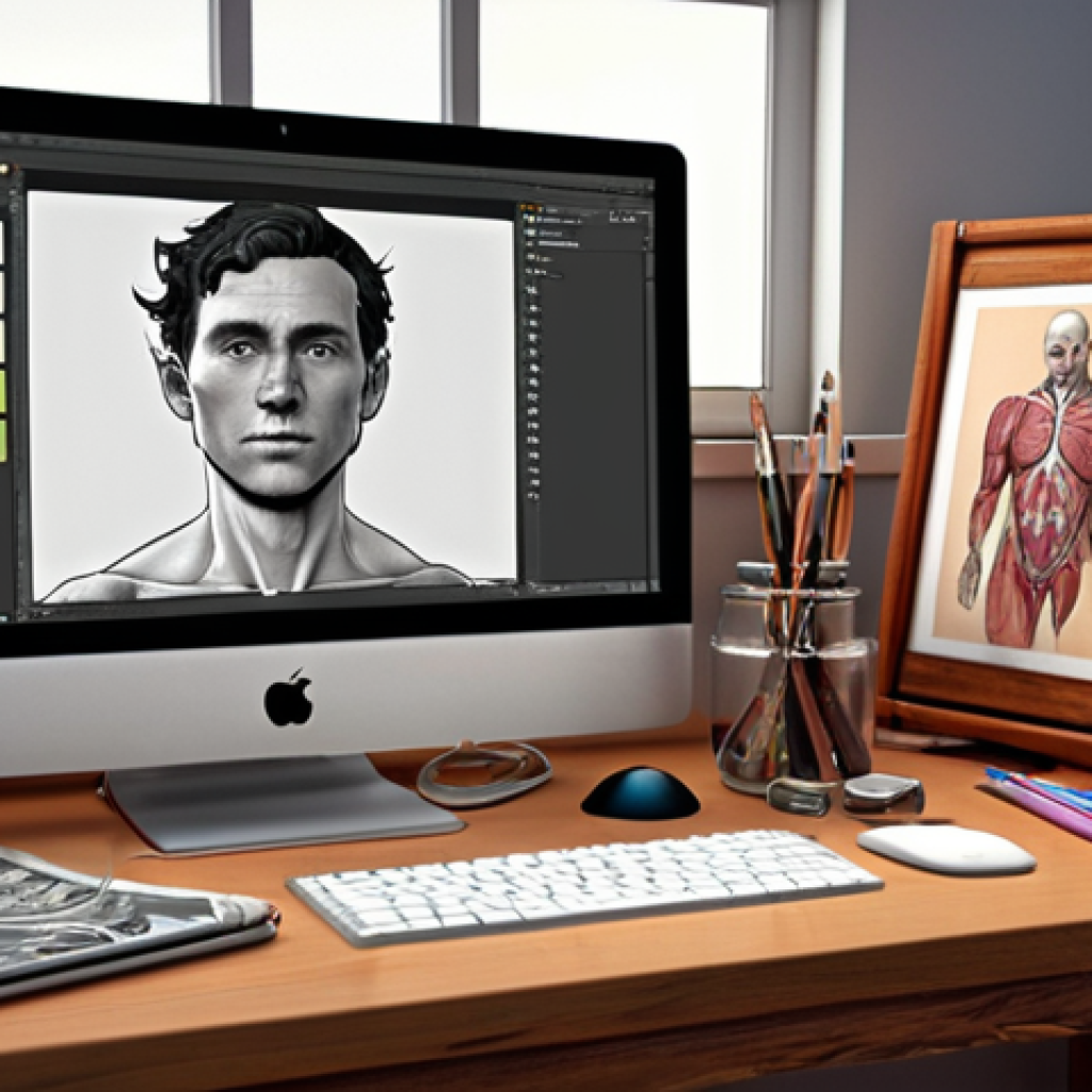 **Prompt:** A character designer's professional studio, bathed in warm, soft light. On a large desk, a seamless blend of traditional art tools – open sketchbooks filled with detailed anatomical studies and expressive concept sketches, an array of drawing pencils – and cutting-edge digital equipment – a large pen display tablet, a high-resolution monitor displaying a complex 3D character model in software like ZBrush or Blender. In the background, subtle, abstract patterns generated by AI tools like Midjourney are visible on smaller screens, used as mood boards. The scene emphasizes the convergence of foundational art skills, digital mastery, and AI-powered ideation in modern character design. Realistic, high-detail, artistic integrity, professional workflow.