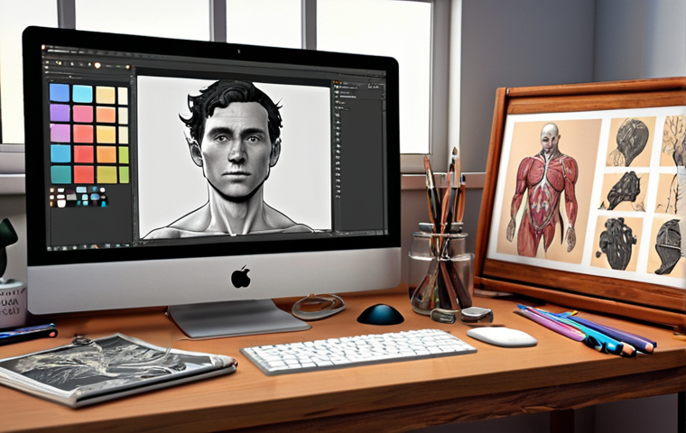 **Prompt:** A character designer's professional studio, bathed in warm, soft light. On a large desk, a seamless blend of traditional art tools – open sketchbooks filled with detailed anatomical studies and expressive concept sketches, an array of drawing pencils – and cutting-edge digital equipment – a large pen display tablet, a high-resolution monitor displaying a complex 3D character model in software like ZBrush or Blender. In the background, subtle, abstract patterns generated by AI tools like Midjourney are visible on smaller screens, used as mood boards. The scene emphasizes the convergence of foundational art skills, digital mastery, and AI-powered ideation in modern character design. Realistic, high-detail, artistic integrity, professional workflow.