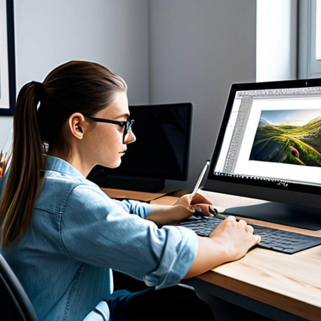 A focused professional artist, fully clothed in modest, comfortable attire, seated at a modern desk. They are expertly using a graphic tablet connected to a computer monitor, which displays a clean user interface of a digital art software for character design. The studio environment is bright and organized, with a few art books on a shelf in the background. Appropriate content, safe for work, perfect anatomy, correct proportions, natural pose, well-formed hands, proper finger count, natural body proportions, professional photography, high quality image.