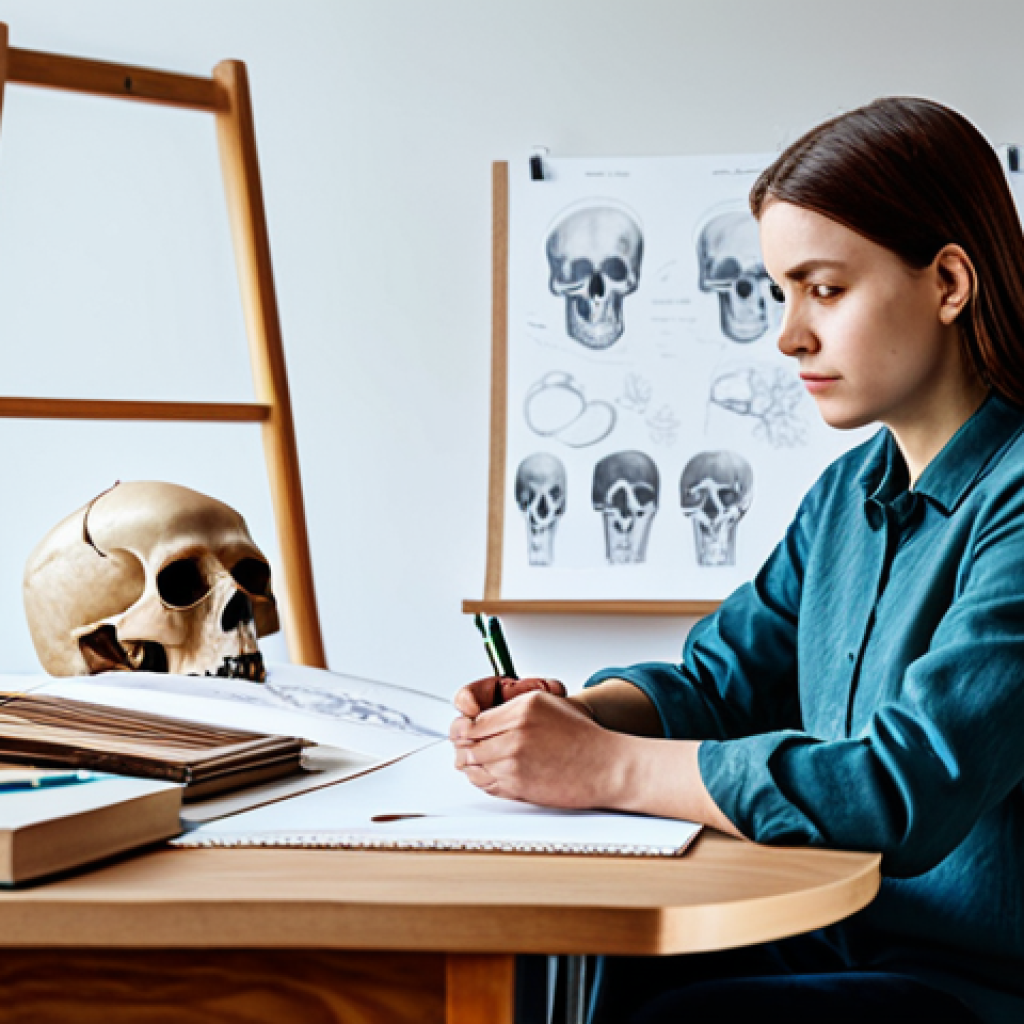 A professional character designer, a person of ambiguous gender, in a modest, appropriate business casual outfit, sitting at a clean wooden desk in a well-lit art studio. They are focused on an open sketchbook, with anatomical charts and reference books neatly stacked around them. On the desk, there is a small, realistic anatomical human skull model and some drawing tools. The atmosphere is studious and calm. The subject has perfect anatomy, correct proportions, and a natural pose, with well-formed hands and proper finger count. Professional photography, high-quality, detailed, safe for work, appropriate content, fully clothed, modest, family-friendly.