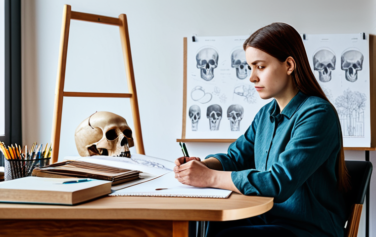 A professional character designer, a person of ambiguous gender, in a modest, appropriate business casual outfit, sitting at a clean wooden desk in a well-lit art studio. They are focused on an open sketchbook, with anatomical charts and reference books neatly stacked around them. On the desk, there is a small, realistic anatomical human skull model and some drawing tools. The atmosphere is studious and calm. The subject has perfect anatomy, correct proportions, and a natural pose, with well-formed hands and proper finger count. Professional photography, high-quality, detailed, safe for work, appropriate content, fully clothed, modest, family-friendly.