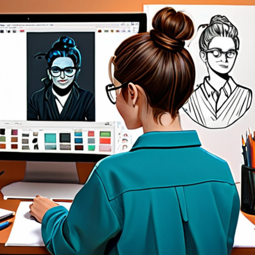 **

"A character designer's workspace, cluttered but inspiring. A fully clothed artist, perhaps a woman with glasses and a messy bun, sketching a character with vibrant colors on a digital tablet. The character on the screen should be expressive and unique, showcasing strong color harmonies and interesting morphology. Background details include art books, color swatches, and mood boards. safe for work, appropriate content, fully clothed, professional, perfect anatomy, natural proportions, high quality illustration"

**