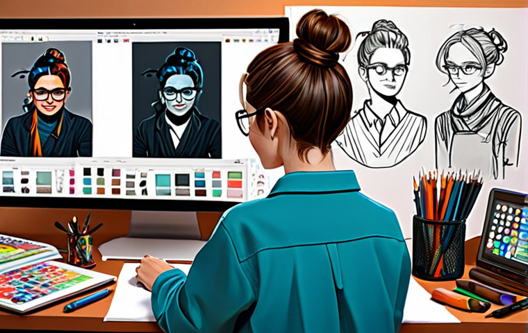 **
"A character designer's workspace, cluttered but inspiring. A fully clothed artist, perhaps a woman with glasses and a messy bun, sketching a character with vibrant colors on a digital tablet. The character on the screen should be expressive and unique, showcasing strong color harmonies and interesting morphology. Background details include art books, color swatches, and mood boards. safe for work, appropriate content, fully clothed, professional, perfect anatomy, natural proportions, high quality illustration"
**