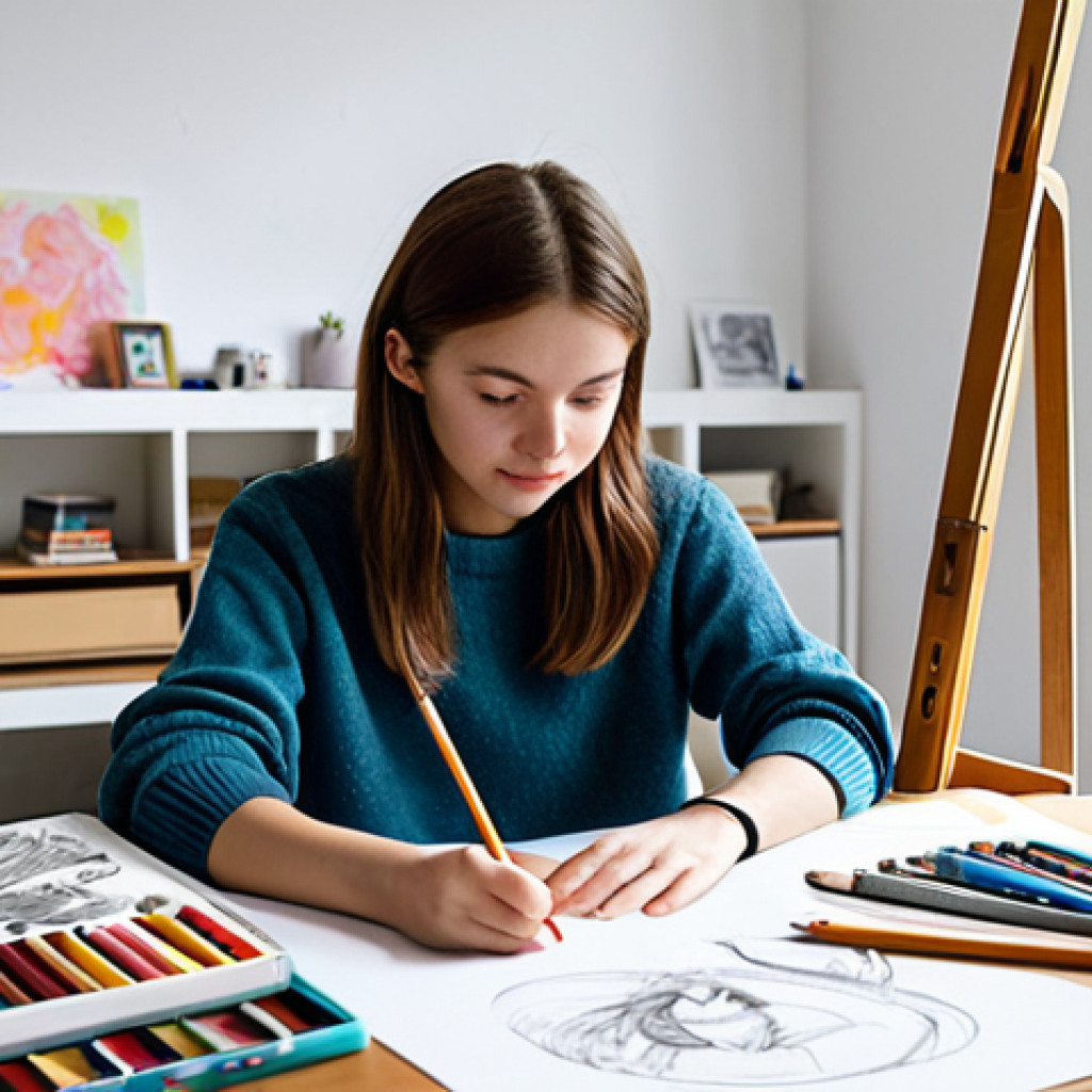 **
"A young woman, a student artist, sitting at a drawing table in a bright and airy studio. She is sketching a character design, surrounded by art supplies (pencils, sketchbooks, color palettes). She wears a casual but professional outfit: jeans and a comfortable sweater, fully clothed, appropriate attire, safe for work. The studio background includes easels, model stands, and artwork on the walls. Perfect anatomy, correct proportions, natural pose, well-formed hands, proper finger count, natural body proportions. Professional, modest, family-friendly, high quality."
**