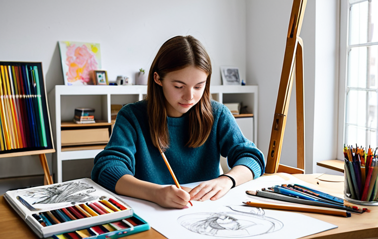 **
"A young woman, a student artist, sitting at a drawing table in a bright and airy studio. She is sketching a character design, surrounded by art supplies (pencils, sketchbooks, color palettes). She wears a casual but professional outfit: jeans and a comfortable sweater, fully clothed, appropriate attire, safe for work. The studio background includes easels, model stands, and artwork on the walls. Perfect anatomy, correct proportions, natural pose, well-formed hands, proper finger count, natural body proportions. Professional, modest, family-friendly, high quality."
**
