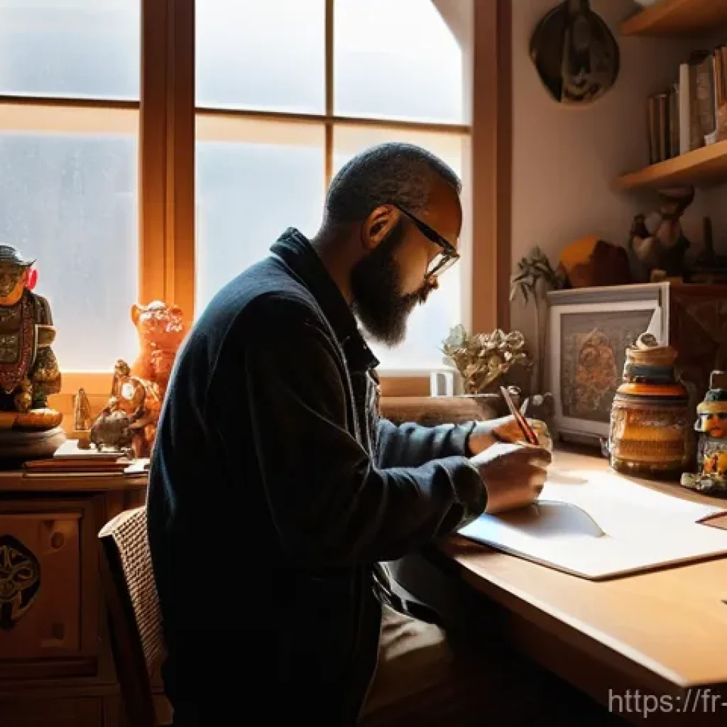 캐릭터디자인 직무와 관련된 동기부여 사례 - **Prompt:** "A character designer, deeply immersed in their creative process, sits in a well-lit, co...