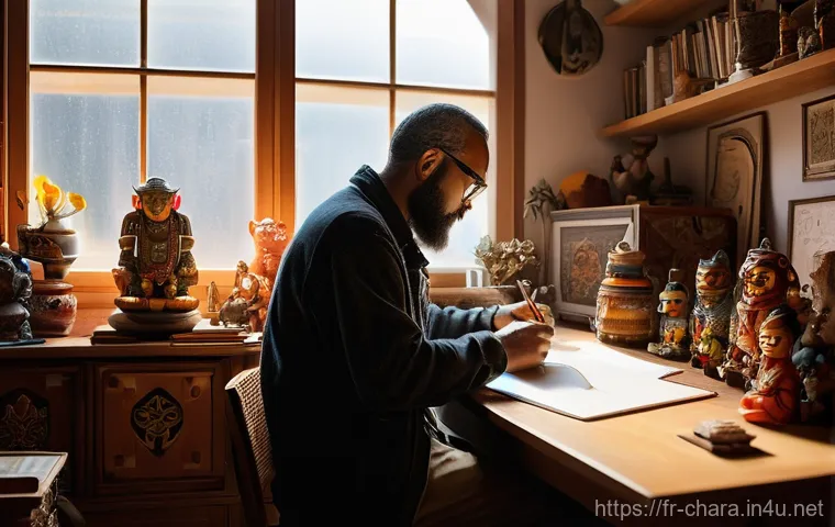 캐릭터디자인 직무와 관련된 동기부여 사례 - **Prompt:** "A character designer, deeply immersed in their creative process, sits in a well-lit, co...