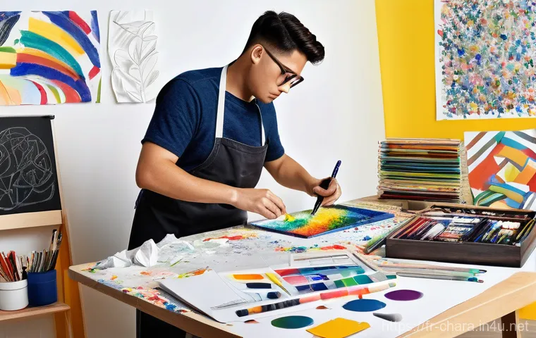 캐릭터디자인 직무와 관련된 동기부여 사례 - **Prompt:** "A character designer, deeply immersed in their creative process, sits in a well-lit, co...