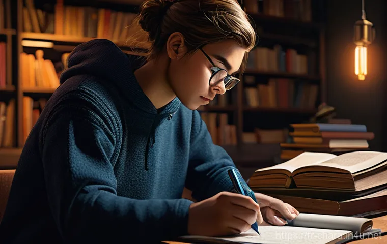 캐릭터디자인 자격증 필기와 실기 시험의 주요 차이점 - A focused young character designer, either male or female, deeply engrossed in a dimly lit, cozy stu...