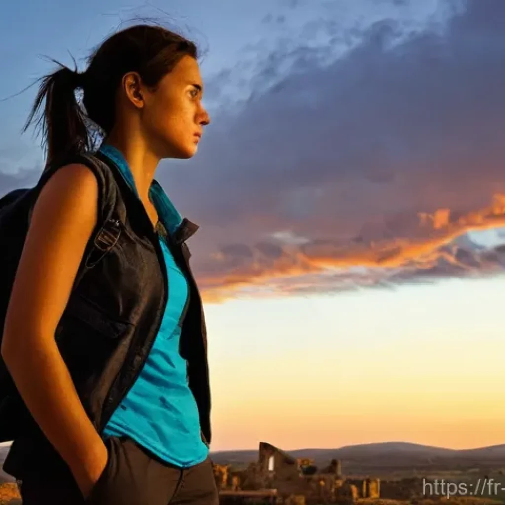 캐릭터디자인 실기 시험 대비 체크리스트 - **Prompt:** A stoic female adventurer, mid-30s, stands silhouetted against a dramatic, expansive sun...
