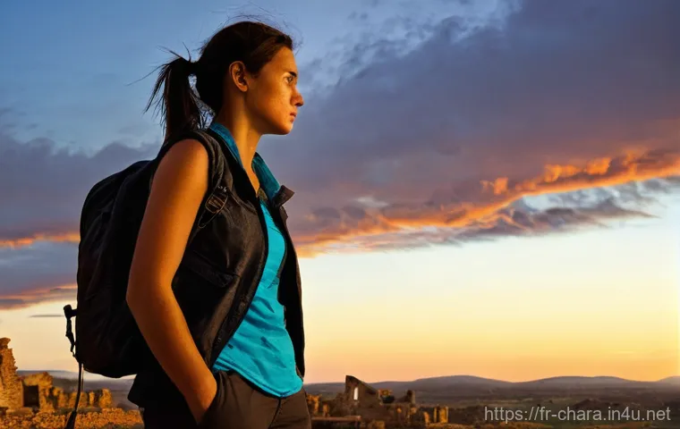 캐릭터디자인 실기 시험 대비 체크리스트 - **Prompt:** A stoic female adventurer, mid-30s, stands silhouetted against a dramatic, expansive sun...