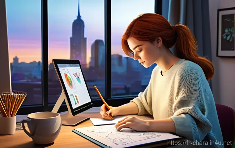 캐릭터디자인 관련 블로그 운영 전략 - **Prompt 1: The Character Designer's Creative Haven**
A young female character designer, appeari...