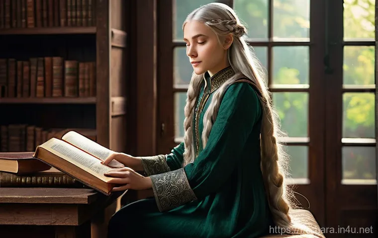 캐릭터디자인 포트폴리오 촬영 팁 - Prompt 1: The Elven Scholar in a Tranquil Library**