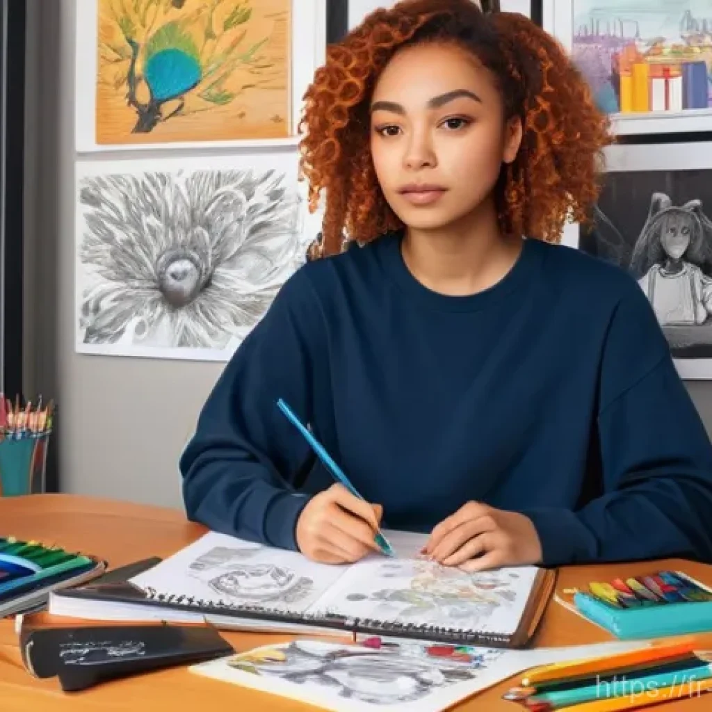 캐릭터디자인 자격증 필기 시험 준비 과정 - **Prompt 1: The Aspiring Character Designer**
A focused young woman, around 20 years old, with v...