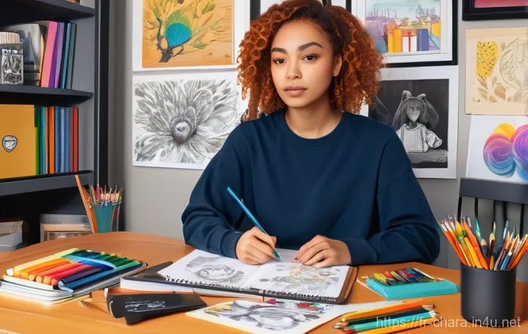 캐릭터디자인 자격증 필기 시험 준비 과정 - **Prompt 1: The Aspiring Character Designer**
    A focused young woman, around 20 years old, with v...