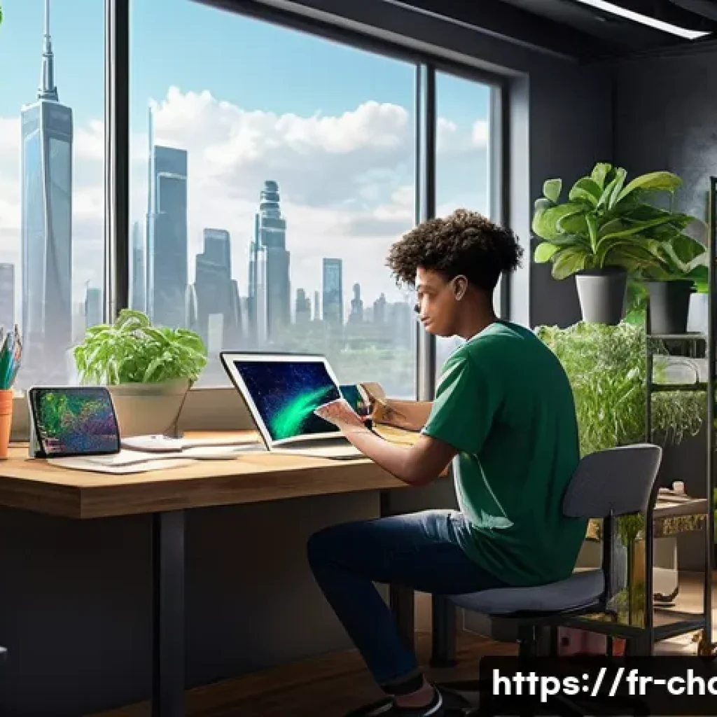 캐릭터디자인 AI 생성물의 저작권 이슈 - **Prompt 1: A Young Digital Artist in a Modern Studio**
A vibrant and modern digital art studio....