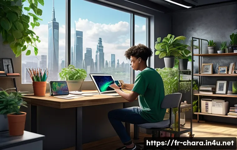 캐릭터디자인 AI 생성물의 저작권 이슈 - **Prompt 1: A Young Digital Artist in a Modern Studio**
    A vibrant and modern digital art studio....