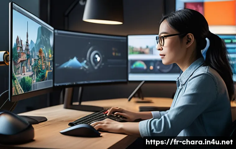 캐릭터디자인 자격증 해외 활용 사례 - A dynamic and professional character designer workspace set in a modern international video game stu...