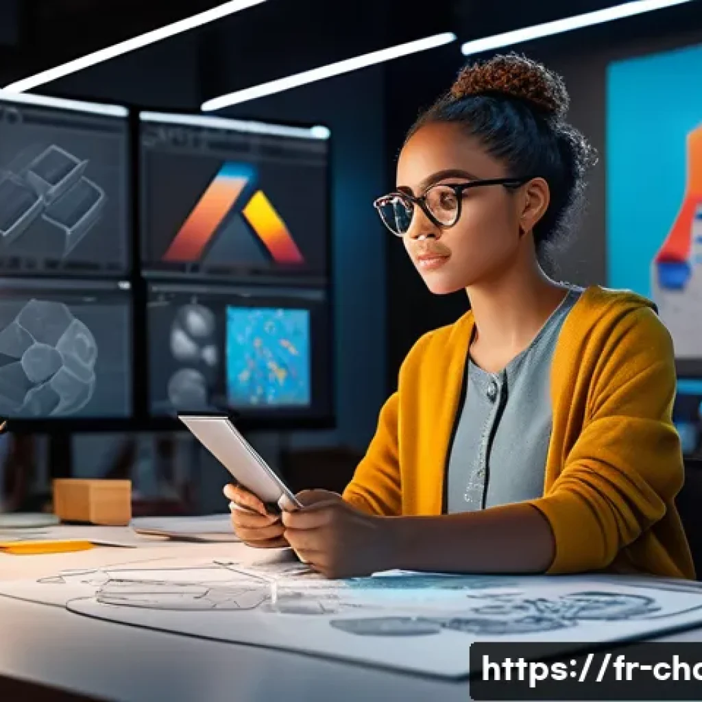 캐릭터디자인 자격증과 취업 성공 스토리 - A confident young female character designer in a modern creative studio, wearing stylish casual clot...