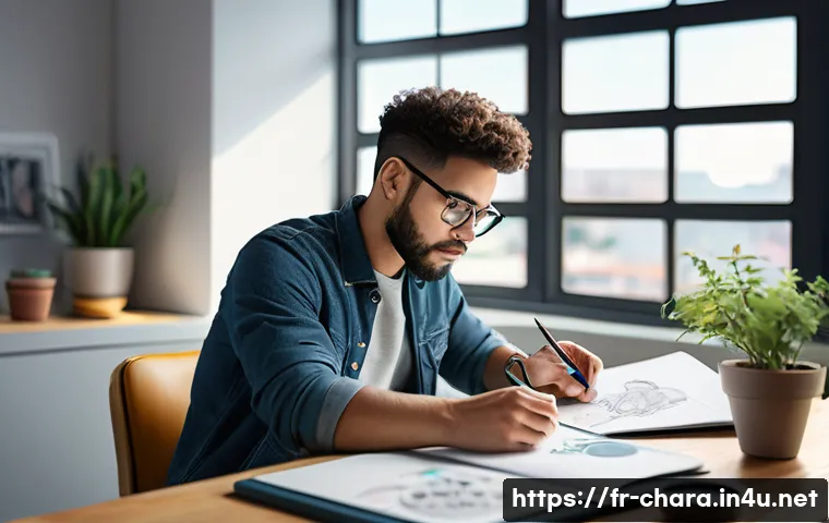 캐릭터디자인 자격증 실기 시험 경험 공유 - A focused young adult artist sitting at a well-organized digital workspace in a bright, modern room ...
