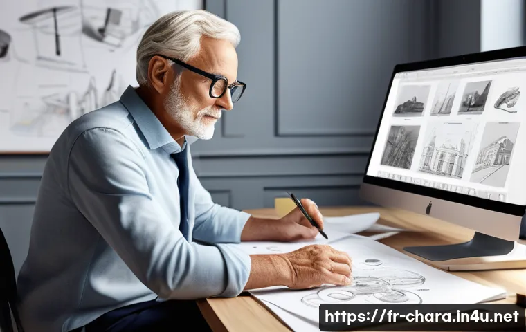 캐릭터디자인 주니어와 시니어의 차이 - A detailed digital illustration of a senior character designer at work in a modern French design stu...