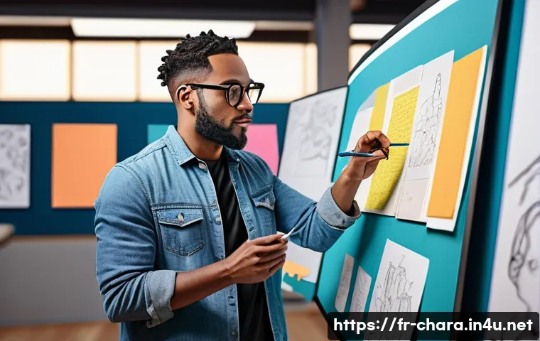 캐릭터디자인 직무에서 피드백을 받는 법 - A professional character designer in a modern studio environment, thoughtfully reviewing detailed fe...