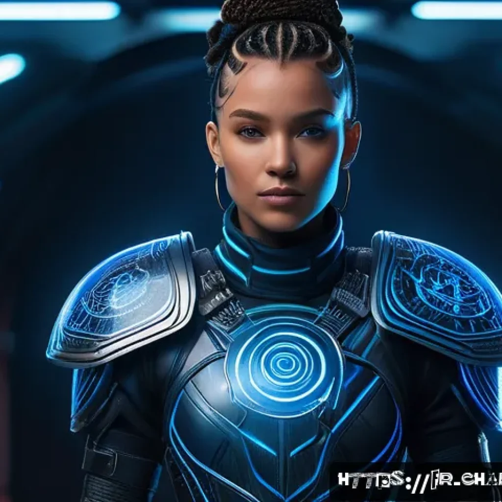 캐릭터디자인 직무를 위한 주요 도구 - A futuristic character design blending traditional Breton motifs with cyberpunk aesthetics, featurin...