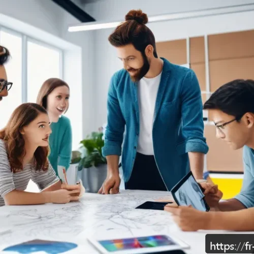 캐릭터디자인 직무에서의 성공적인 협업 사례 - A dynamic creative team collaborating around a large table filled with sketches, digital tablets, an...