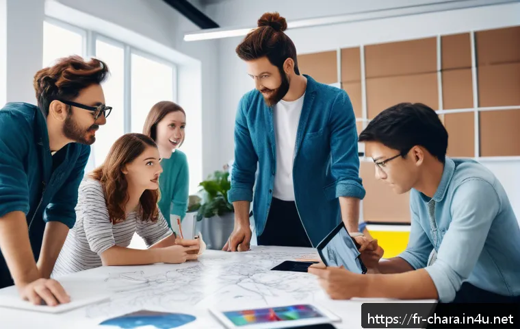 캐릭터디자인 직무에서의 성공적인 협업 사례 - A dynamic creative team collaborating around a large table filled with sketches, digital tablets, an...