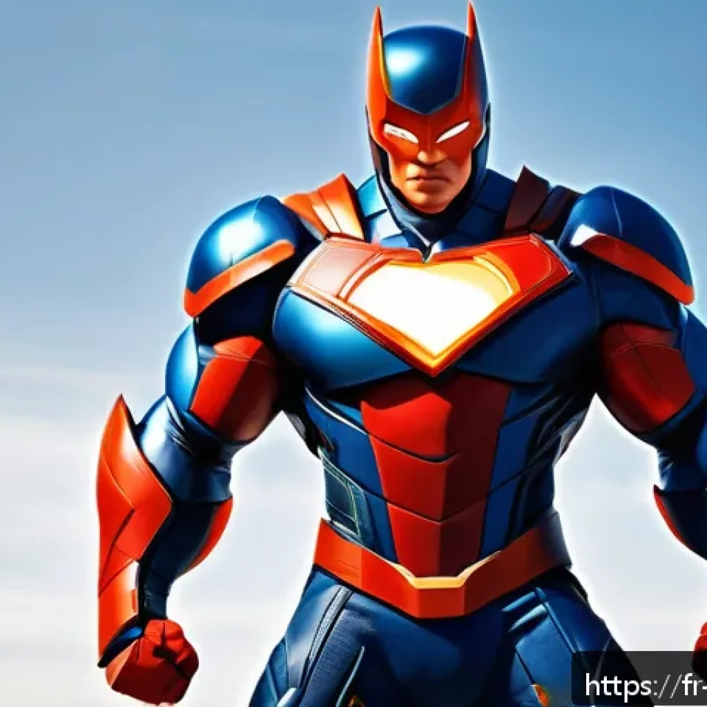 캐릭터디자인 자격증 시험에서 자주 나오는 문제 - A dynamic, stylized superhero character with exaggerated muscular proportions, wearing a detailed co...