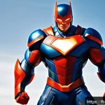 캐릭터디자인 자격증 시험에서 자주 나오는 문제 - A dynamic, stylized superhero character with exaggerated muscular proportions, wearing a detailed co...