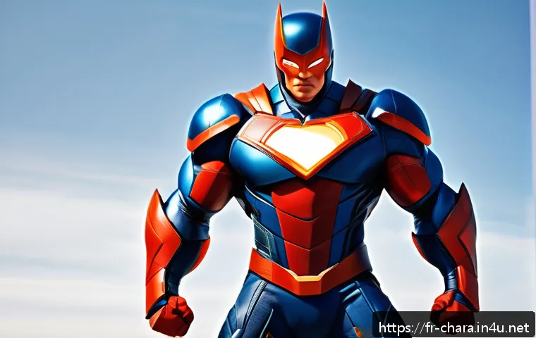 캐릭터디자인 자격증 시험에서 자주 나오는 문제 - A dynamic, stylized superhero character with exaggerated muscular proportions, wearing a detailed co...