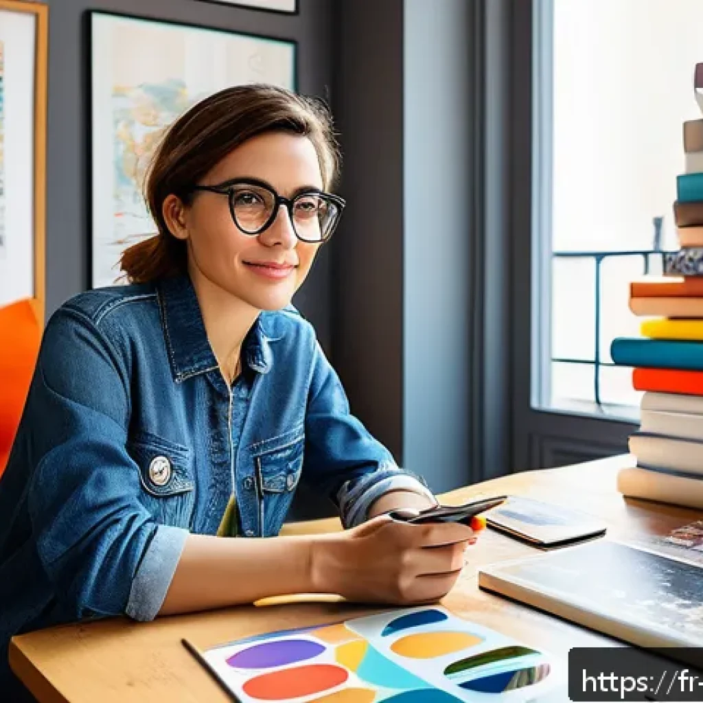 캐릭터디자이너의 직무 만족도 - A charismatic female character designer in a bright, modern creative studio in Paris, wearing stylis...