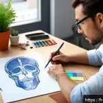 캐릭터디자인 자격증 준비에 필요한 일정 관리 - A focused artist's workspace showing a person studying human anatomy for character design: the scene...