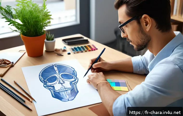 캐릭터디자인 자격증 준비에 필요한 일정 관리 - A focused artist's workspace showing a person studying human anatomy for character design: the scene...