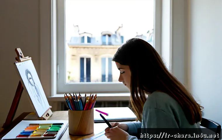 Home 17 캐릭터디자인 실기 시험 준비 과정 노하우 - Photorealistic French art student preparing for a character design practical examination in a bright...