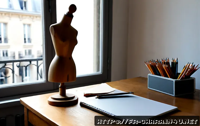 캐릭터디자인 연습을 위한 참고 자료 - Photorealistic character design reference workspace in a bright Parisian art studio, wooden desk wit...