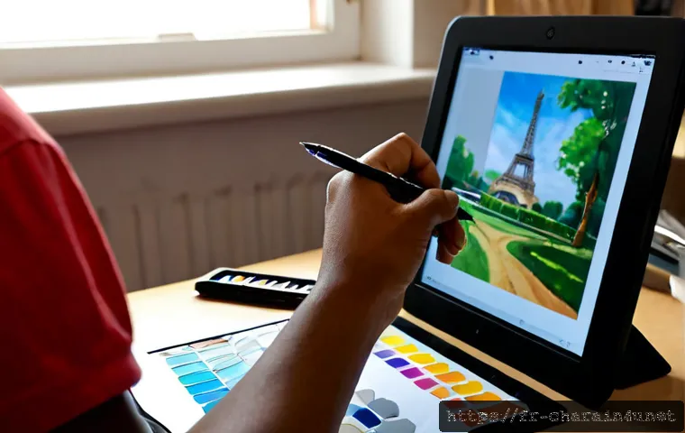 Home 17 캐릭터디자인 직무의 주요 작업 도구 활용법 - Photorealistic character designer working at a clean Paris creative studio desk, using a pen display...