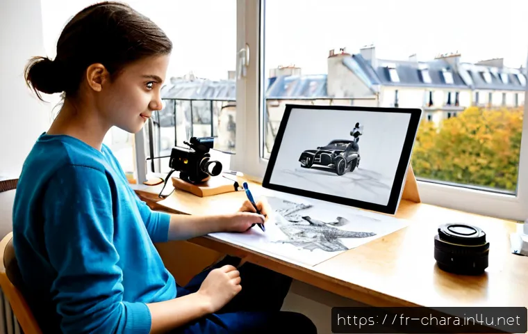 Home 17 캐릭터디자인 학습과 관련된 최신 기술 활용 - Photorealistic young French character design student in a bright Parisian creative studio, using a p...