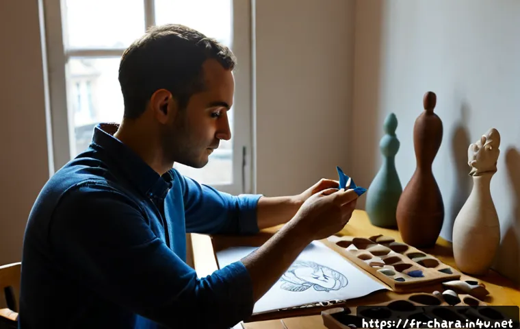 캐릭터디자인 직무에서의 창의적 아이디어 발상법 - Photorealistic character designer in a bright Paris creative studio, arranging hand-sculpted clay ch...